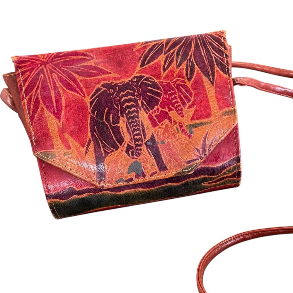 Vintage Handmade Leather Tooled Purse With Elephant Imported
